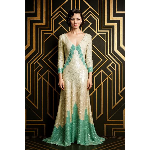 Vintage Art Deco Sequin Beaded Gown Cream Green M Ballroom Pageant Competition - Picture 1 of 12